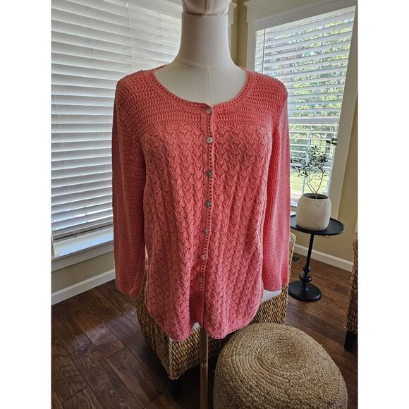 L.L Bean Linen Blend Basketweave Cardigan Sweater Women's Size L Coral - Picture 1 of 10